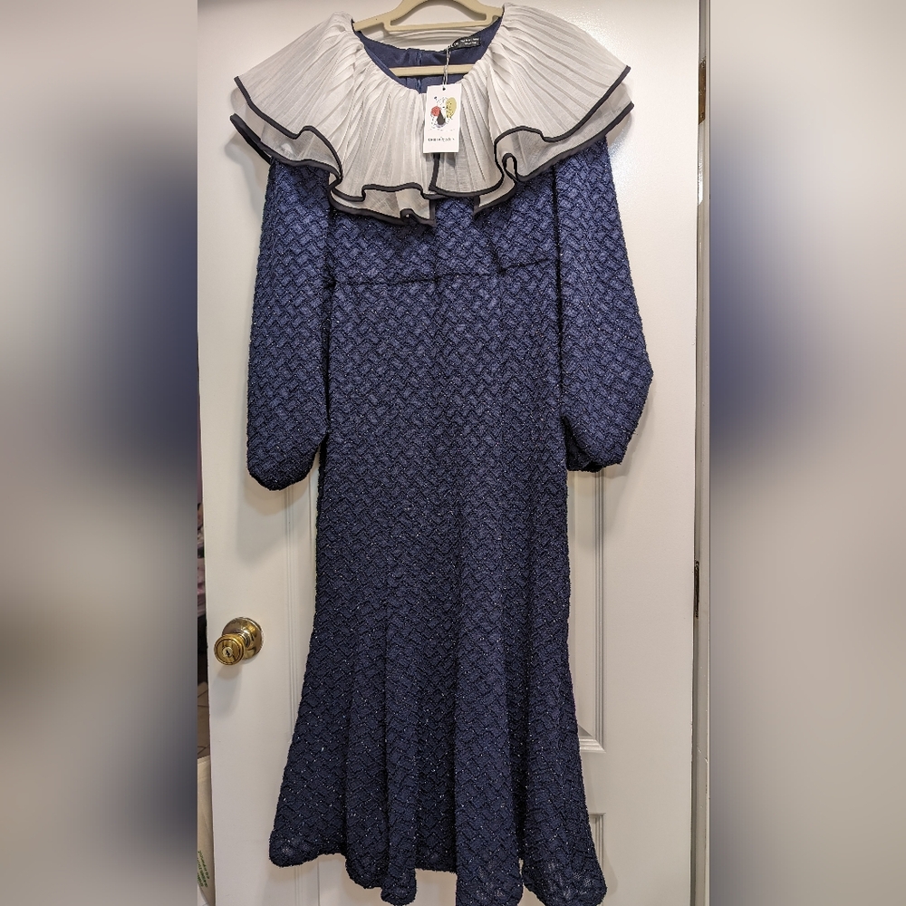 SHEIN Collared Lantern Sleeve Mermaid Dress Size L Navy NEW!! NAVY